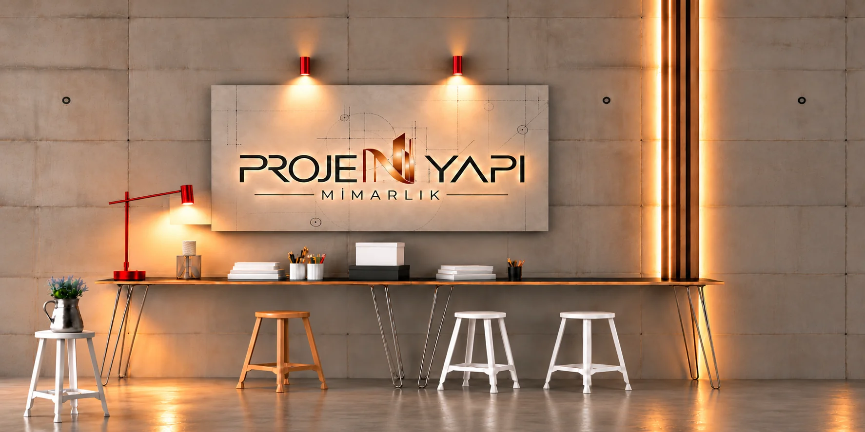 Projen Yapı Mimarlık logo in an interior with natural textures and warm lighting